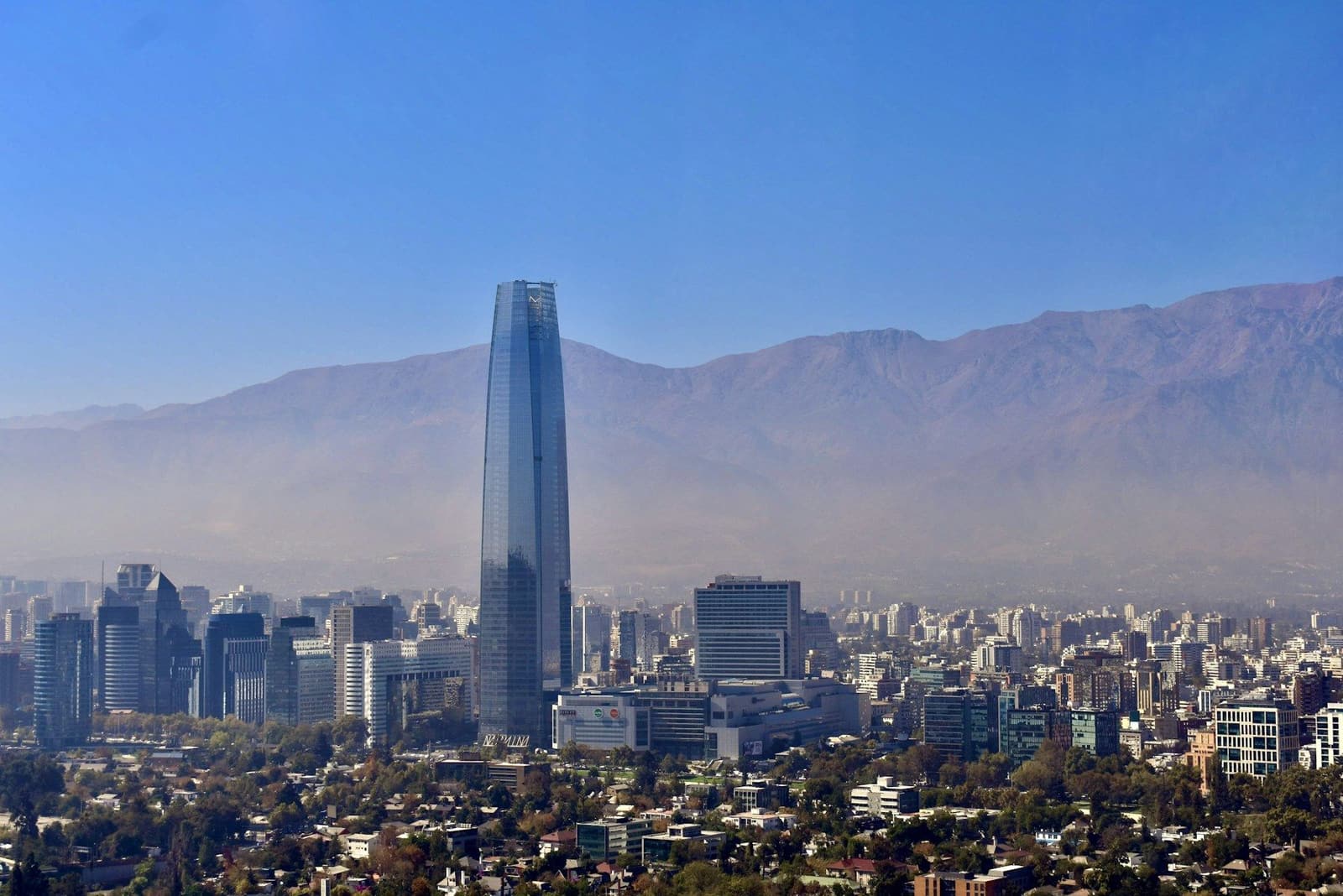 The Santiago skyline and Gran Torre Santiago with the Andes mountains behind