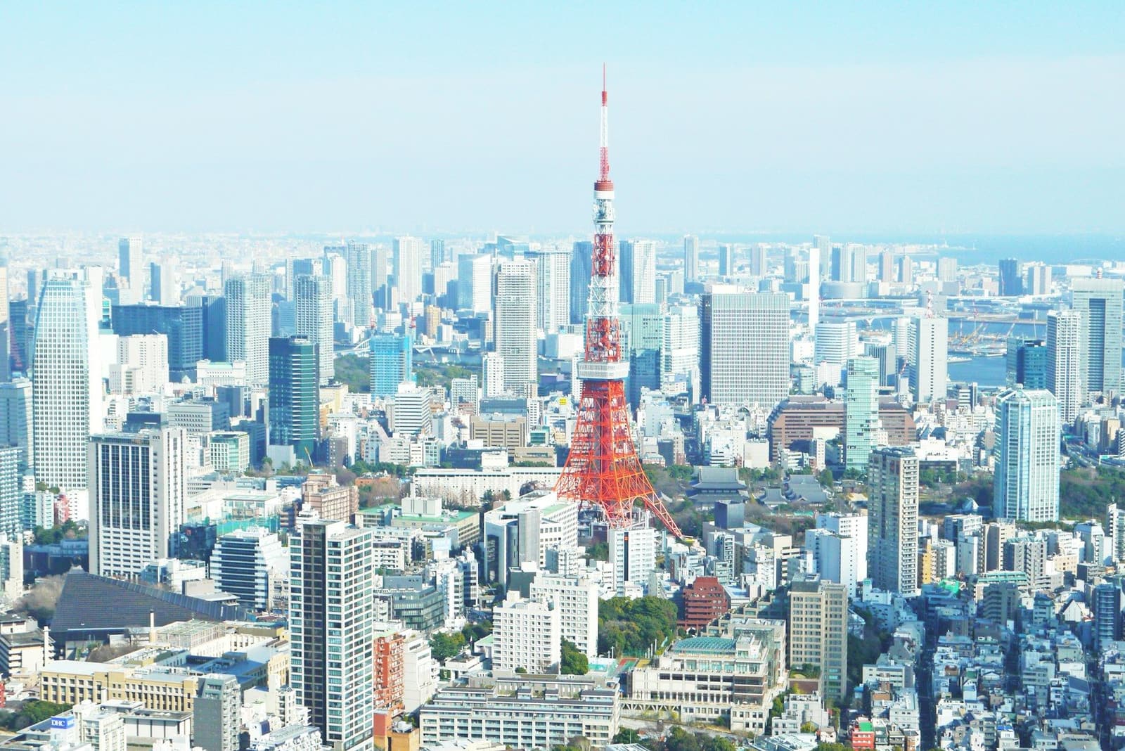 Aerial view of Tokyo with the red and white Tokyo Tower among high-rise buildings
