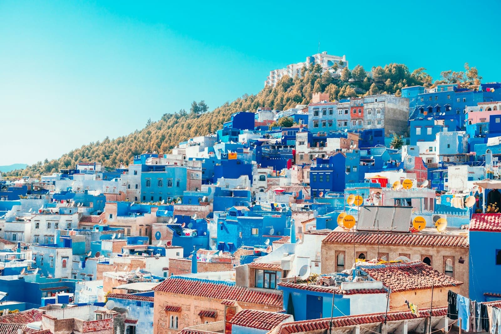 Blue-painted houses of Chefchaouen climbing a hillside under a clear sky