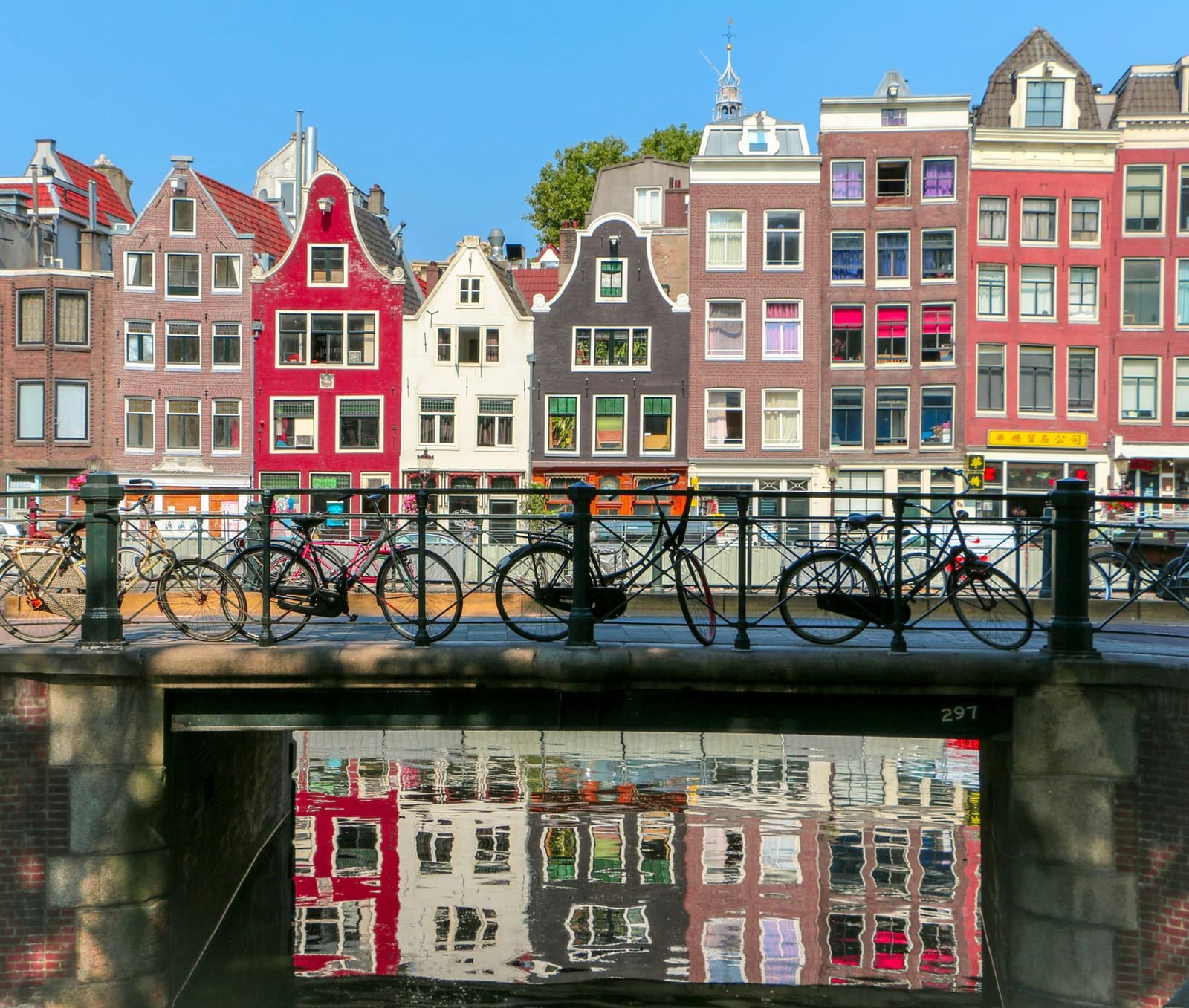 Bicycles parked on a canal bridge in Amsterdam with colourful canal houses behind