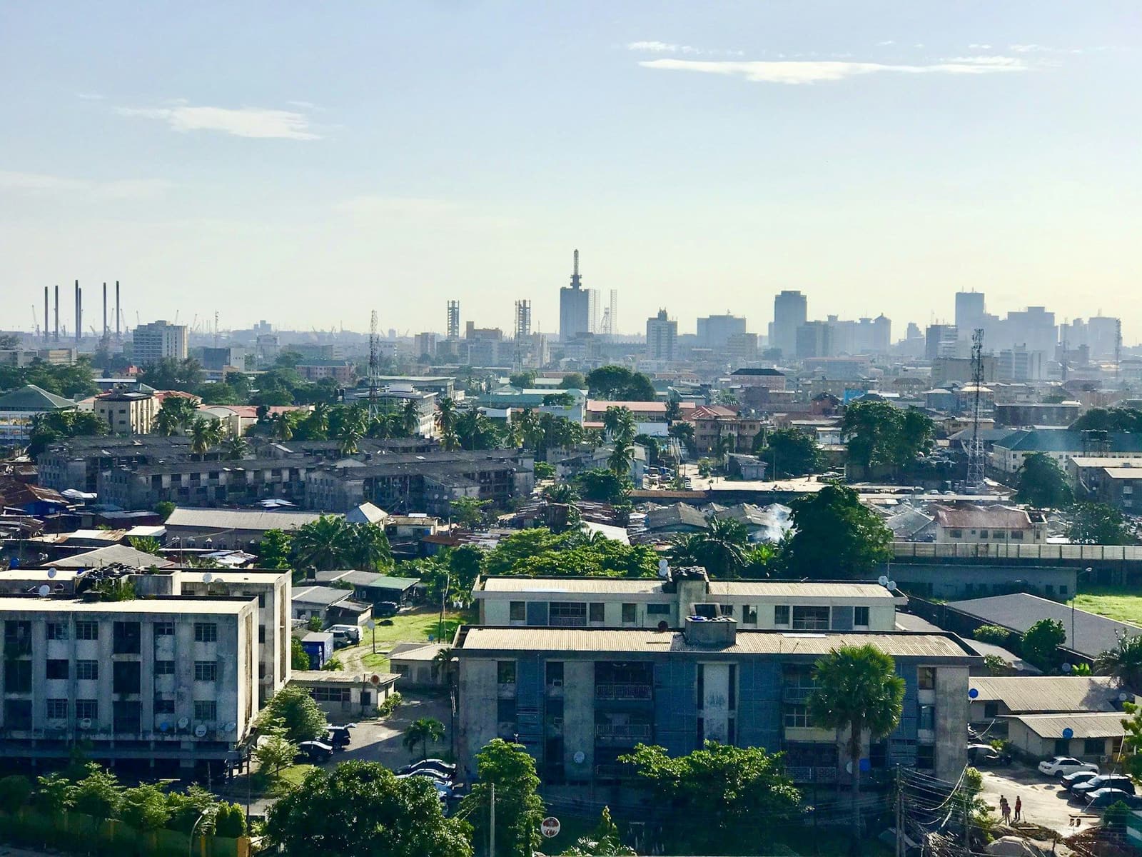 Aerial view of Lagos with office buildings and the skyline in the distance