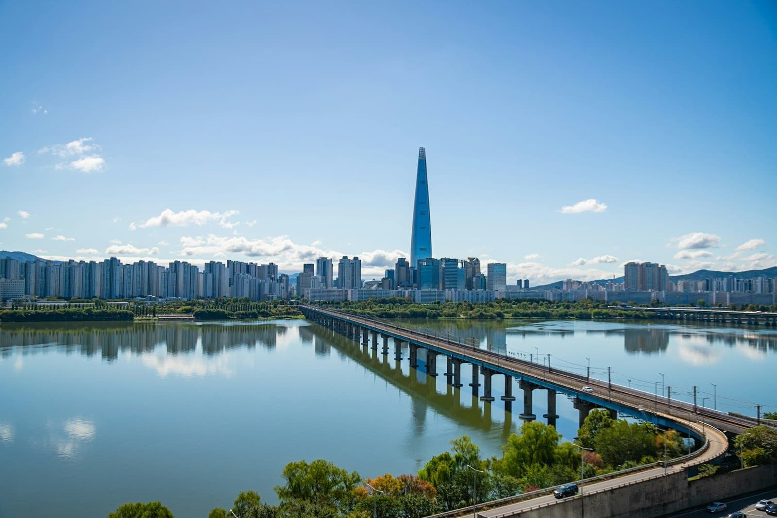 Seoul skyline with the Lotte World Tower and a bridge across the Han River