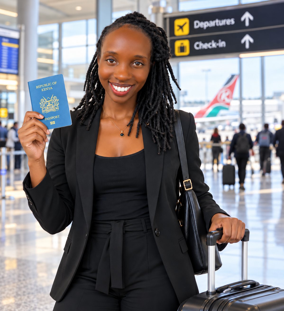 A smiling Black woman traveller holding up a passport at an airport, with a suitcase beside her and departures signs behind